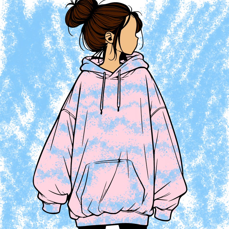realistic girl with a oversized sweatshirt on and a bun