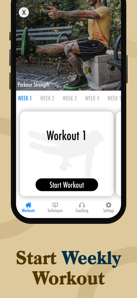 Parkour Trainings & workouts - Mobile app interface for parkour strength training showing a weekly workout plan