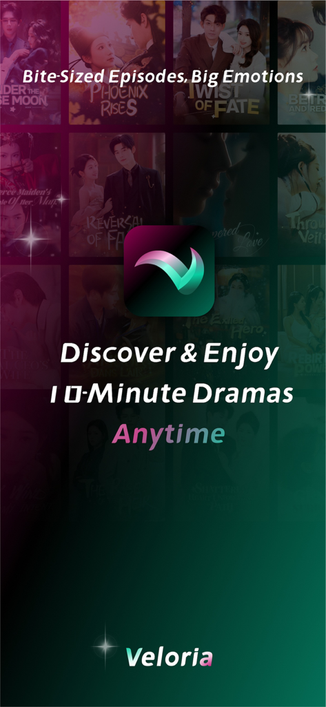 Veloria - Tales in a Blink - Veloria mobile app screen displaying a variety of short form drama series titles.