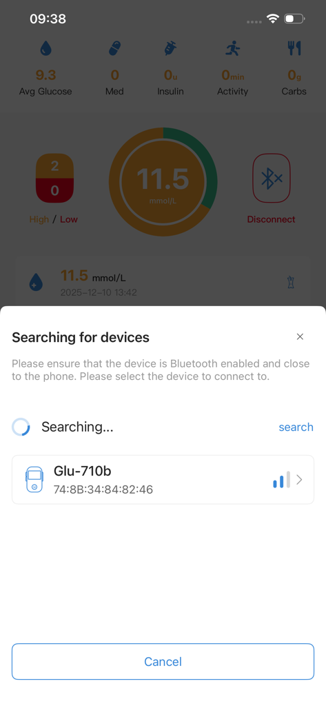GlucoJoy - GlucoJoy app interface showing the Bluetooth device search for a glucose meter.