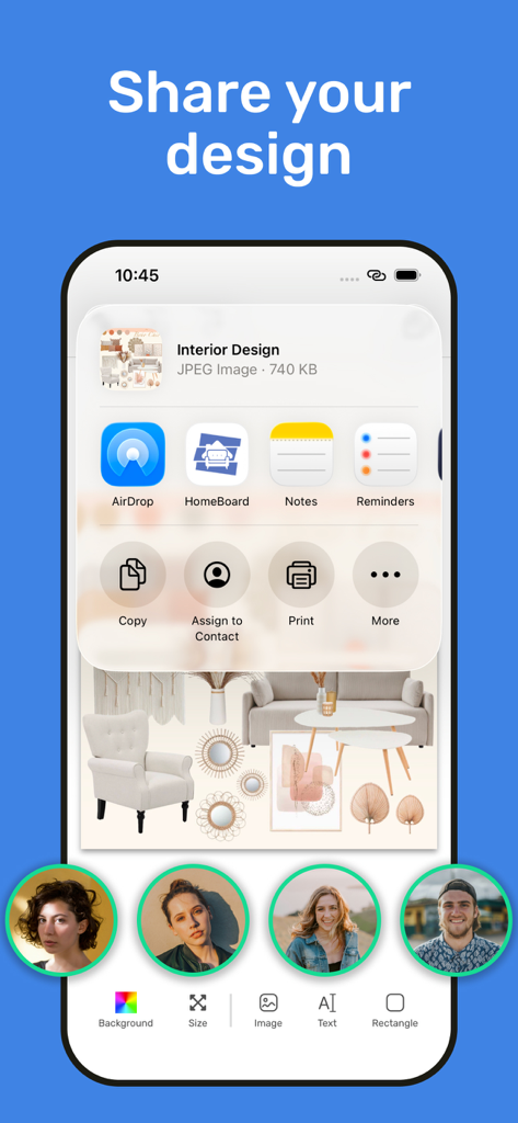 MoodBoard maker - Interface do aplicativo MoodBoard maker mostrando a tela de compartilhamento de um projeto de design de interiores.