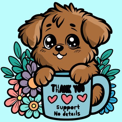 a really cute puppy holding a thank you for support mug with flowers everywhere