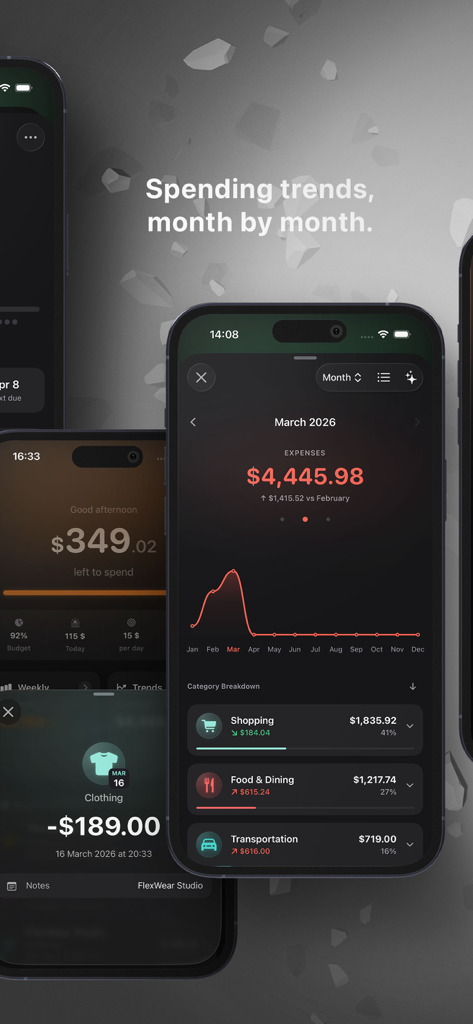 Control - your money - Mobile screen showing monthly spending trends and expense categories in the Control app