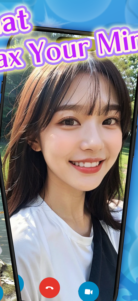 A woman smiling during a relaxing video call on the AQUA app with nature background