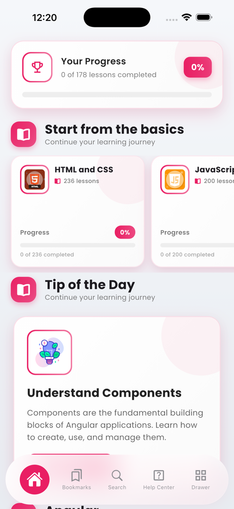 Learn Angular Development - Dashboard der Learn Angular Development App, das Fortschrittsverfolgung und Webentwicklungslektionen anzeigt.
