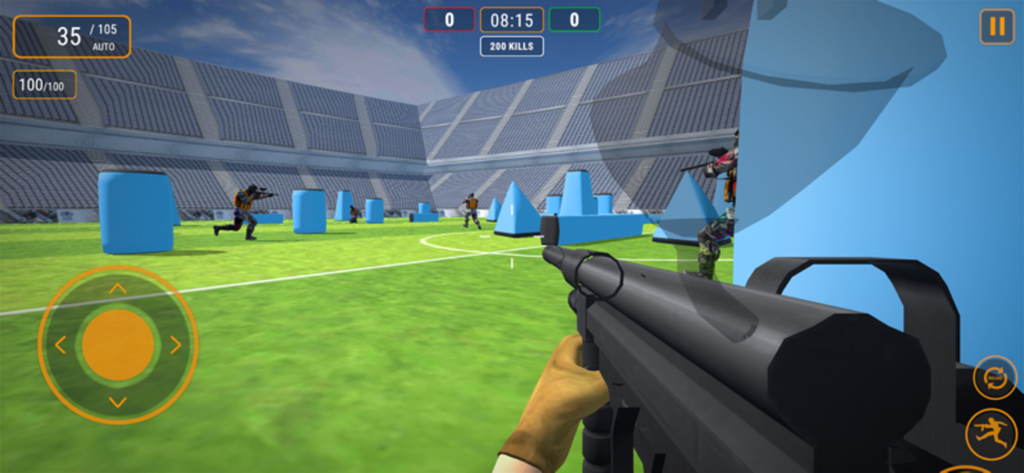 Paintball Battle Arena 3D - First-person perspective of a paintball match in a 3D stadium arena with obstacles and player UI.