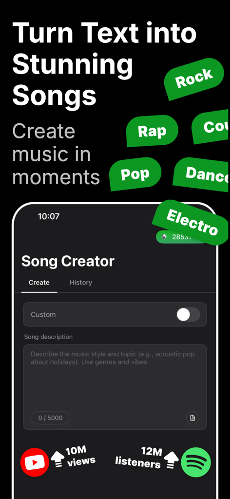 VoiceGen - AI Voice Generator - VoiceGen app screenshot showing AI song creation from text with various music genres like Rock Rap and Pop