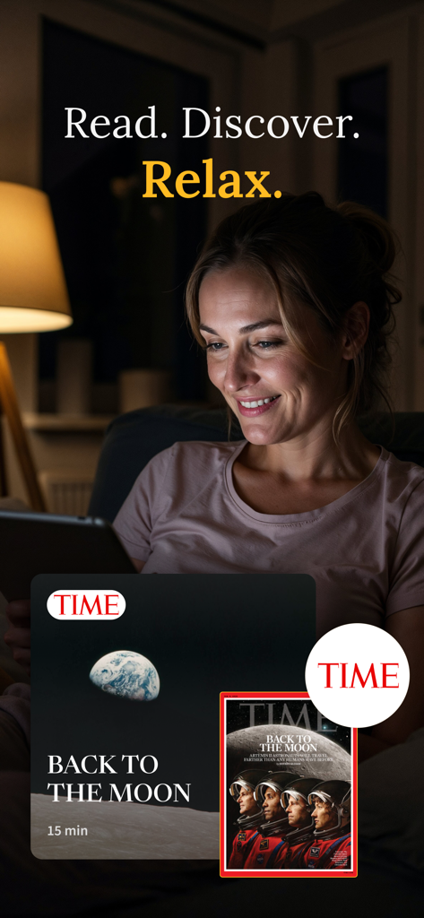 Readly: Newspapers & Magazines - A smiling woman in a cozy setting reading a digital magazine on her tablet using the Readly app.
