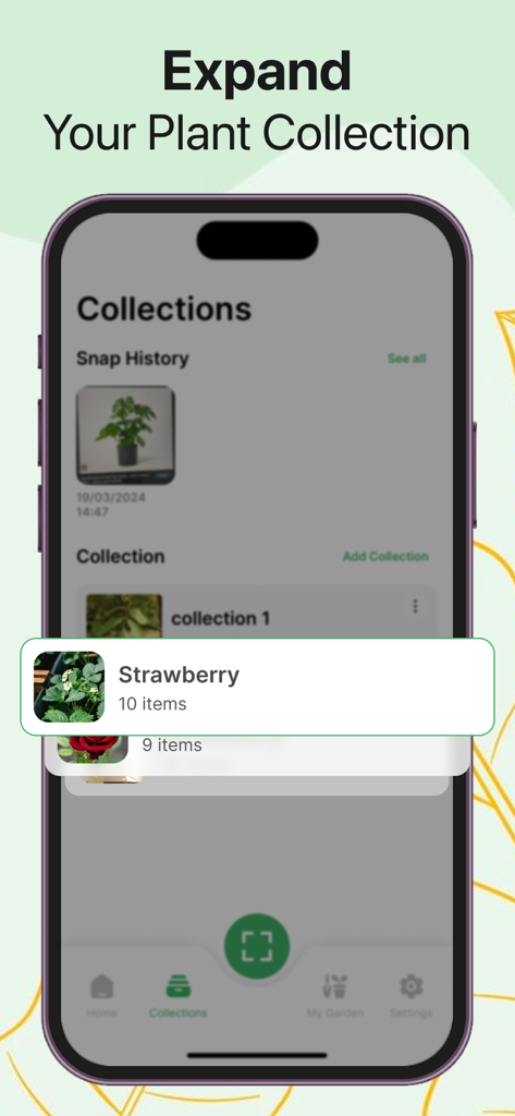 Ai Plant Identifier Tree Weed - Una interfaz móvil que muestra un herbario virtual con colecciones de plantas organizadas e historial de capturas