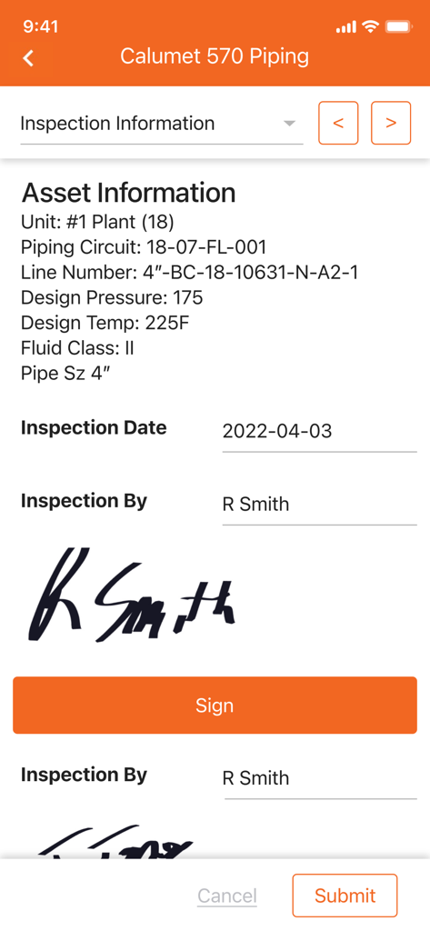 Modulo di ispezione di tubazioni industriali con dettagli dell'asset e firma digitale in InspectFlow plus.