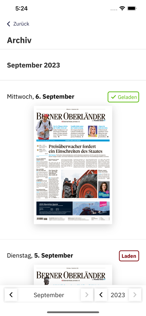 BZ Berner Oberländer E-Paper - Archive section of the BZ Berner Oberlaender e-paper app showing digital newspaper editions available for download