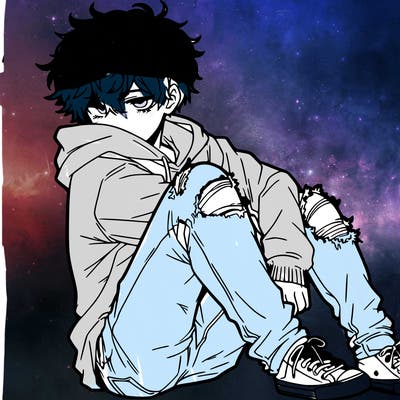 a male hoddie ripped jeans messy hair anime