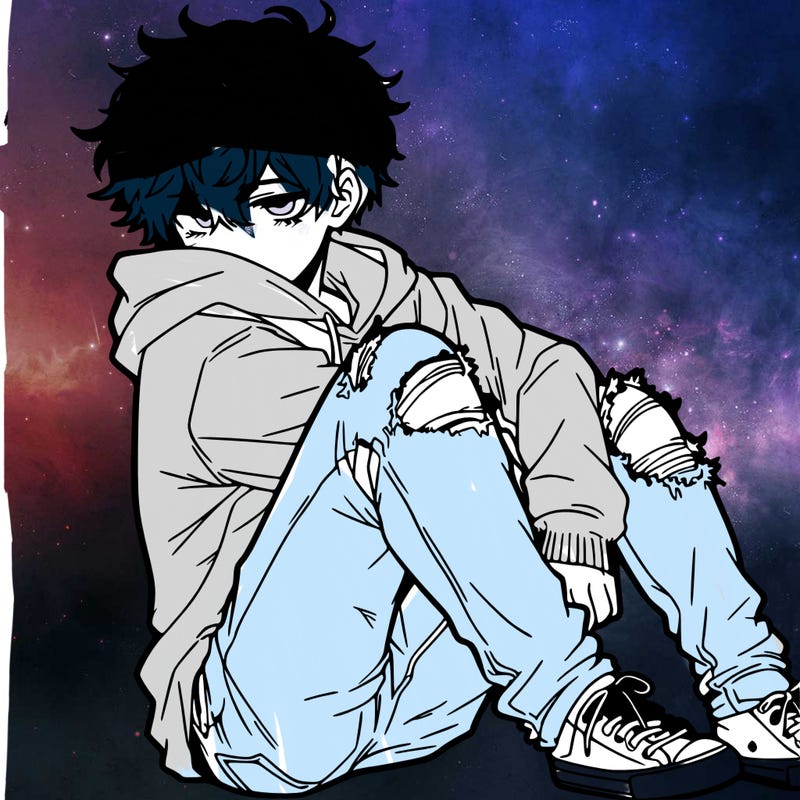 a male hoddie ripped jeans messy hair anime