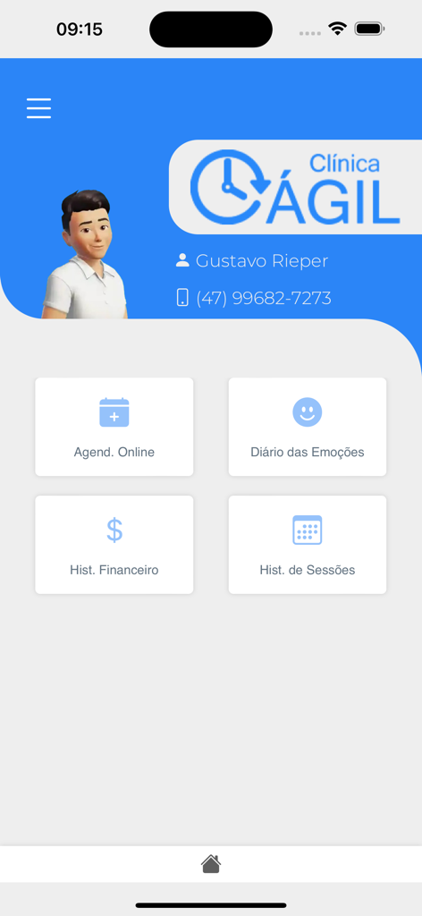 Clínica Ágil para pacientes - Panel de la aplicación del paciente Clínica Ágil con reserva de citas e historial financiero.