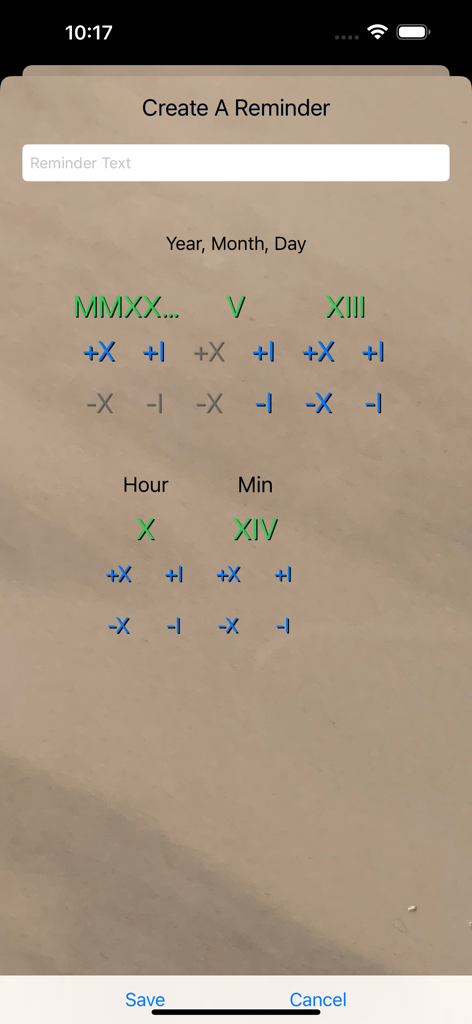 Roman Digital Clock - Tela mostrando a interface para criar um lembrete usando numerais romanos para datas e horas