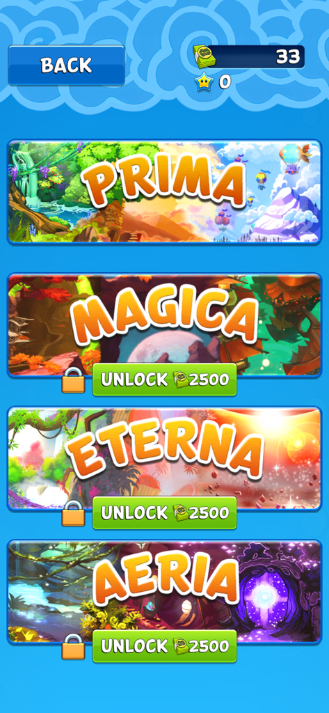 Mega Jump Halfbrick+ - Mega Jump Halfbrick level selection screen showing four colorful worlds called Prima Magica Eterna and Aeria