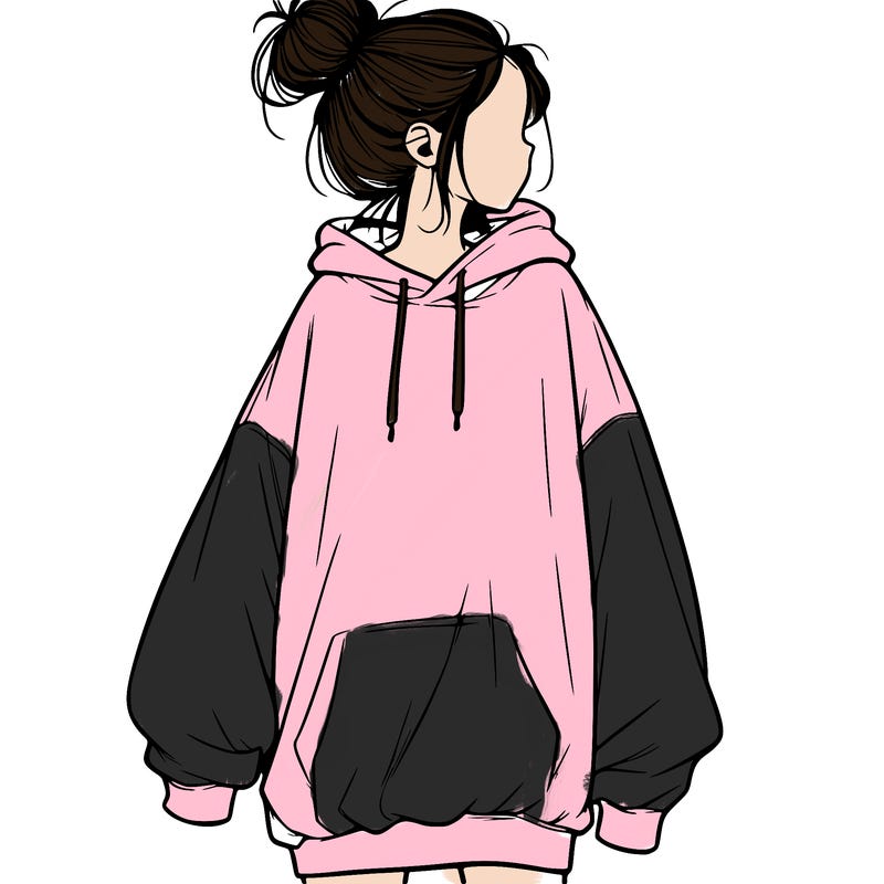 realistic girl with a oversized sweatshirt on and a bun