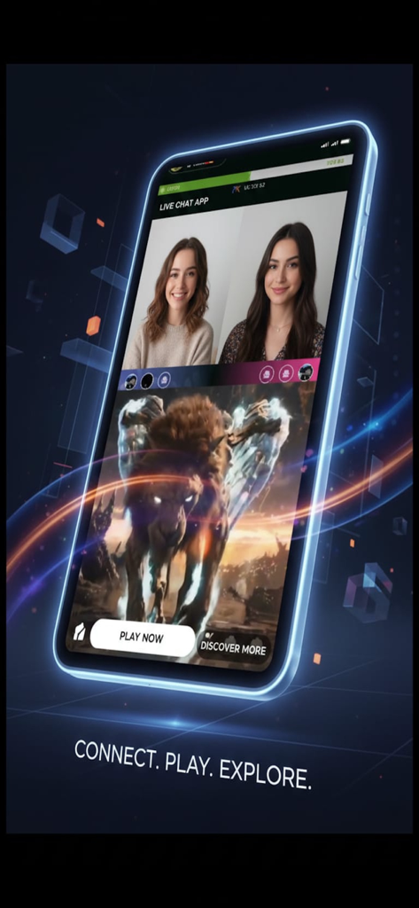 Ora Live - Interfaccia dell'app Ora Live che mostra uno streaming live a schermo diviso con due creator e una grafica di regalo digitale leone fiammeggiante