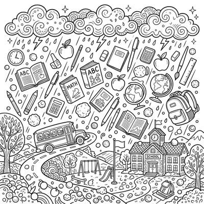 Get ready for a truly unique back-to-school experience with this exciting coloring page, where a whimsical hail storm showers down on school buses, books, and essential school supplies. It's the perfect blend of academic themes and playful weather, promising hours of engaging coloring fun.