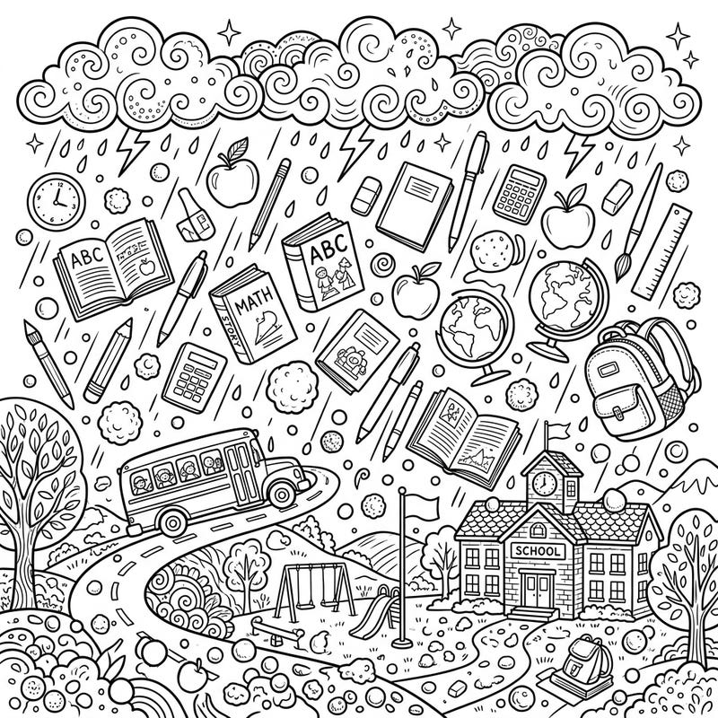 Get ready for a truly unique back-to-school experience with this exciting coloring page, where a whimsical hail storm showers down on school buses, books, and essential school supplies. It's the perfect blend of academic themes and playful weather, promising hours of engaging coloring fun.