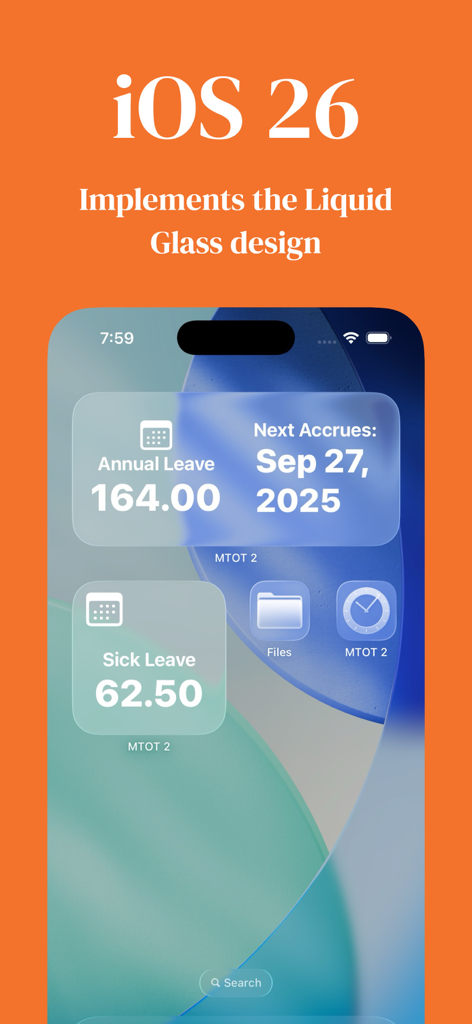 My Time Off Tracker 2 - iPhone home screen displaying My Time Off Tracker 2 widgets with annual and sick leave balances using a liquid glass design