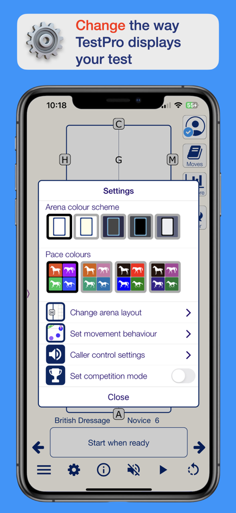 BD British Dressage TestPro - A screenshot of the settings menu in the BD British Dressage TestPro app showing customization options for arena and pace colors