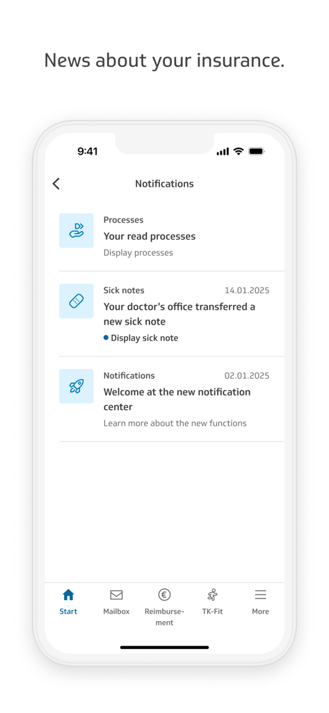 TK-App - TK-App interface showing insurance notifications and digital sick notes