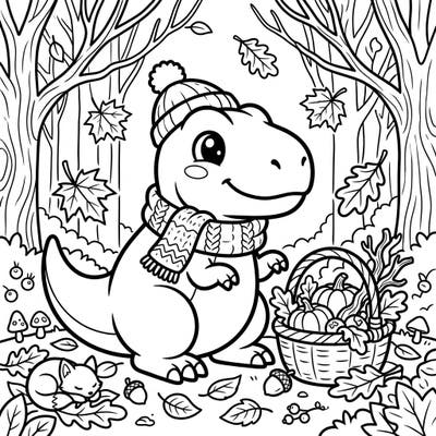 Step into a delightful autumn scene with this charming Kawaii Theropod dinosaur coloring page. This adorable design captures the essence of fall, featuring a cute dino bundled up amidst falling leaves and a bountiful harvest basket.