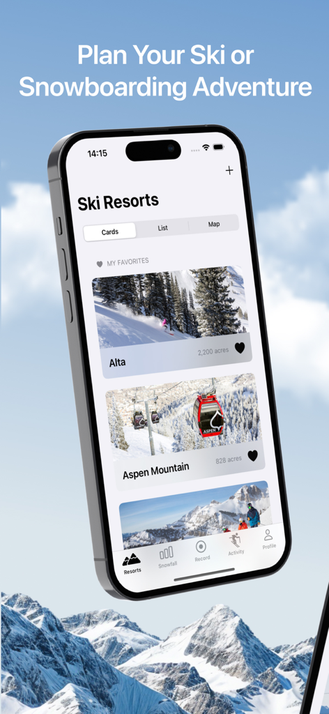 Ski Slopes Maps NEU - App-Oberfläche, die Skigebietskarten für Alta und Aspen Mountain auf einem iPhone-Bildschirm anzeigt