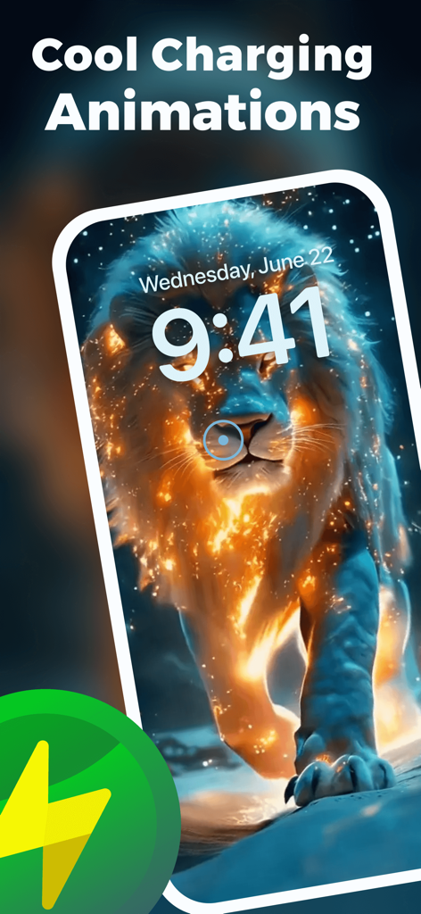 Live Wallpaper: Charging App - Pantalla de bloqueo de smartphone con una animación de carga de león llameante.