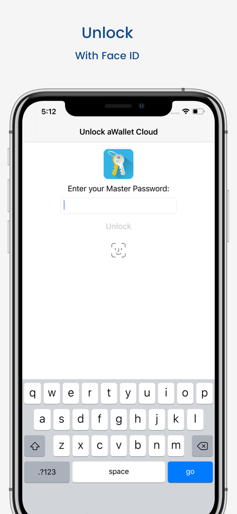aWallet Password Manager unlock screen showing Face ID and master password input field