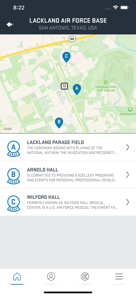 Aim High Air Force app interface displaying a map of Lackland Air Force Base and local facilities.