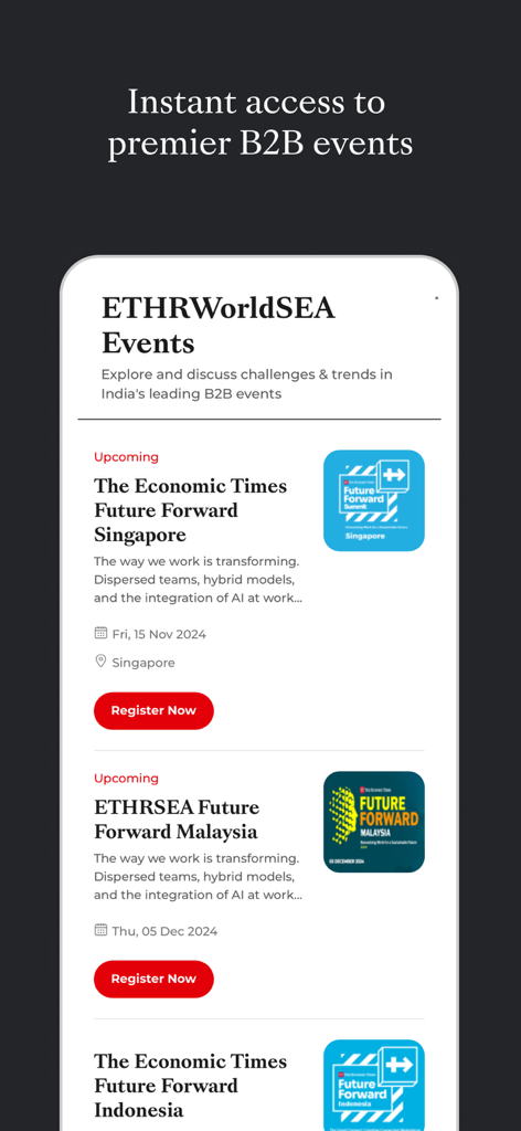 Une liste des prochains événements RH B2B en Asie du Sud-Est affichée sur l'écran de l'application mobile ETHRSEA.