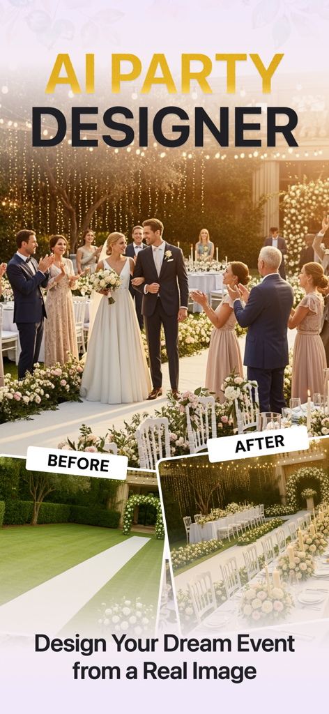 AI Party Design: Event Planner - AIパーティーデザインアプリが、デコレーションで変身した結婚式会場のビフォーアフターを表示