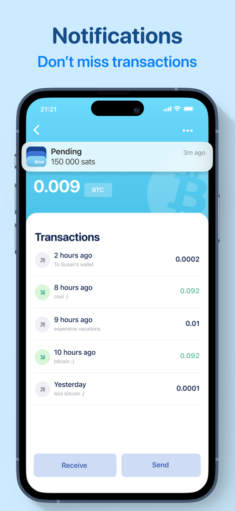 BlueWallet app interface displaying a pending bitcoin transaction notification and a list of recent transactions.