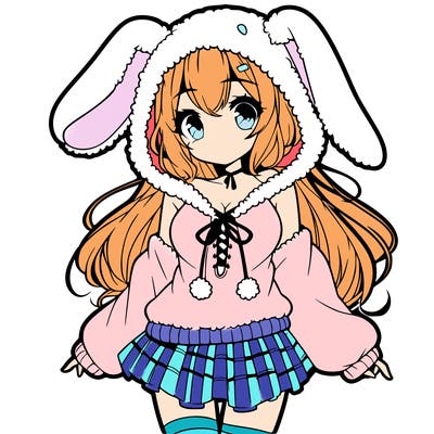 pretty anime girl wearing a fluffy hoodie with bunny ears on the hood and a skirt