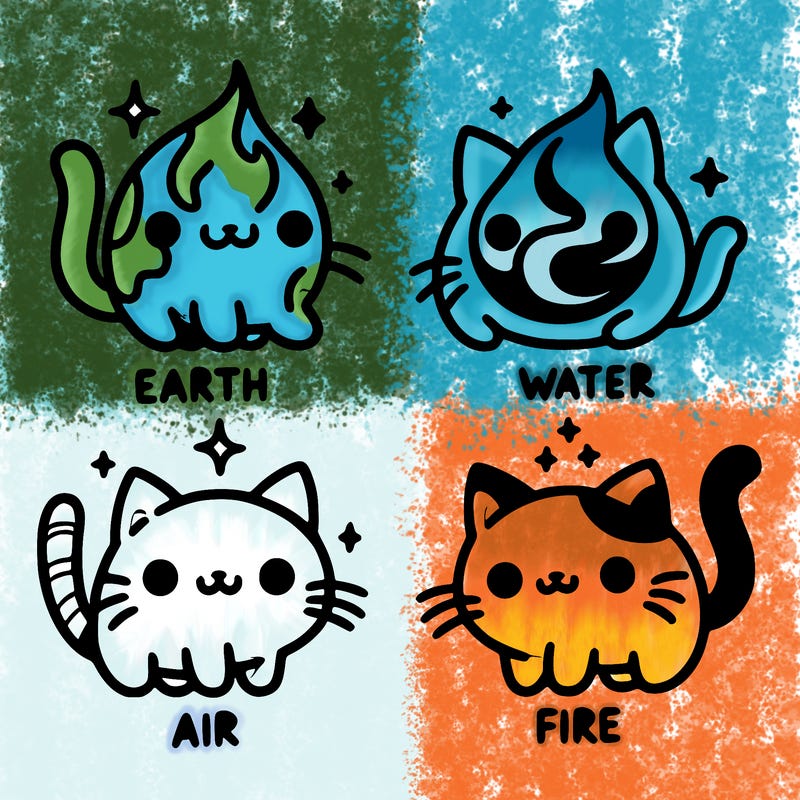 4 cats that represent the different elements, earth, water, air, and fire