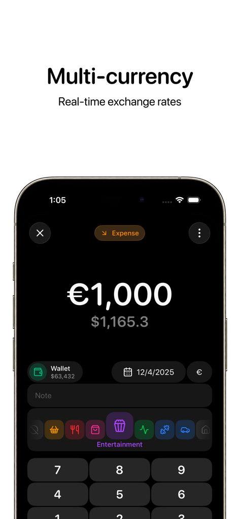 Qalta app interface showing multi-currency expense tracking with real-time exchange rates for digital nomads