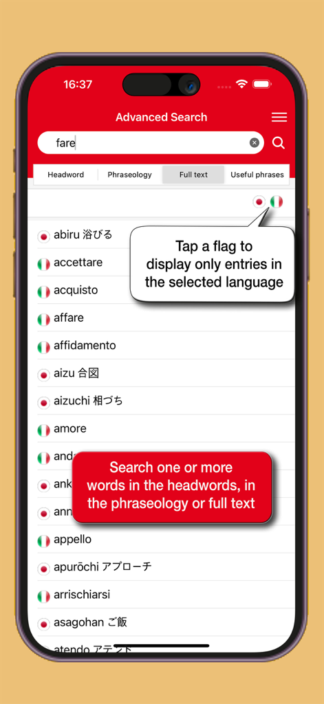 Erweiterte Suchoberfläche der Japanisch-Italienisch-Wörterbuch-App von Hoepli mit zweisprachigen Suchfiltern und Wortergebnissen.