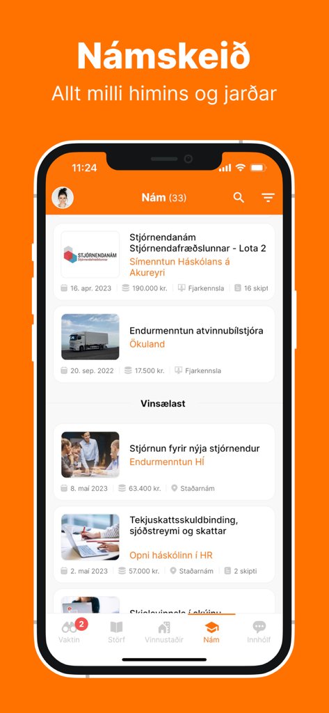 Eine Liste von Bildungs- und Berufskursen innerhalb der Alfred-Jobsuche-App