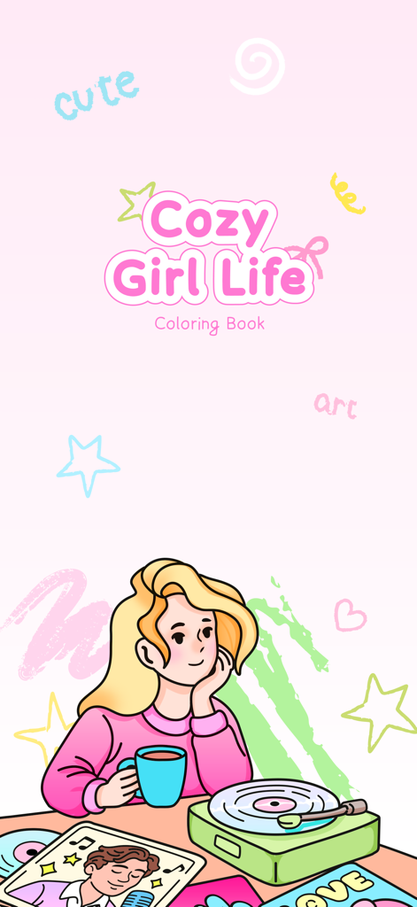 Cozy Girl Life: Coloring Book - Main screen for Cozy Girl Life Coloring Book showing a girl relaxing with a drink and record player.