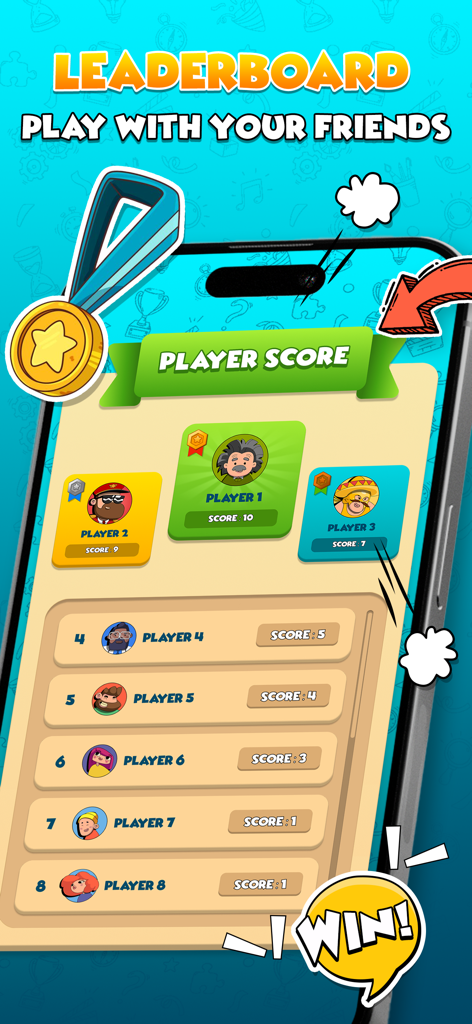 Tela do placar mostrando pontuações e classificações dos jogadores no jogo multijogador Quiz de Trivia