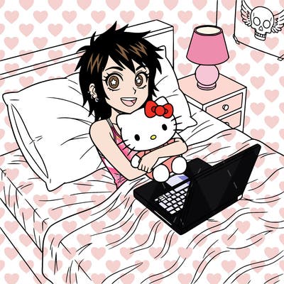 emo girl with hello kitty plushie laying in bed with computer