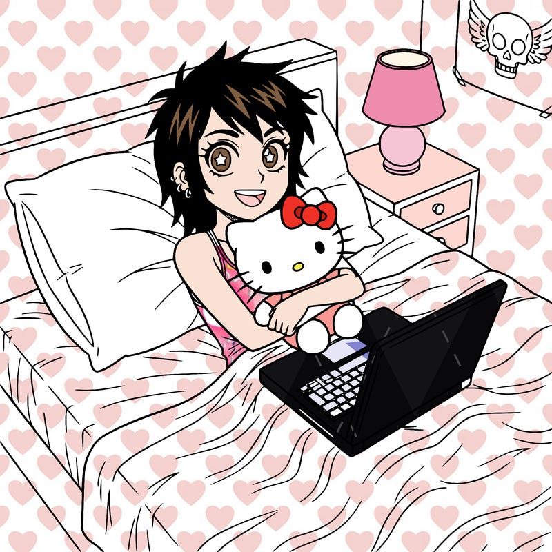 emo girl with hello kitty plushie laying in bed with computer