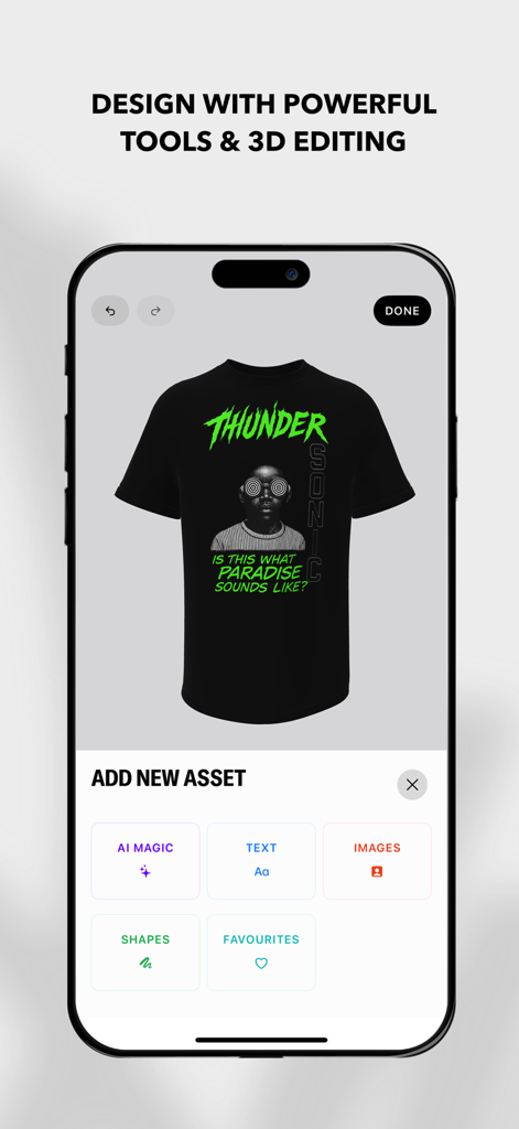 Interface do aplicativo FLYP mostrando um estúdio de design 3D para criar streetwear personalizado em um celular