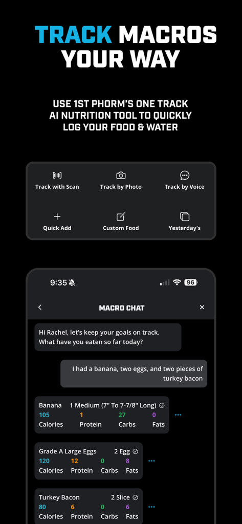 Interfaz de la aplicación 1st Phorm que muestra varias opciones de seguimiento de macros y un chat de nutrición impulsado por IA para registrar alimentos.