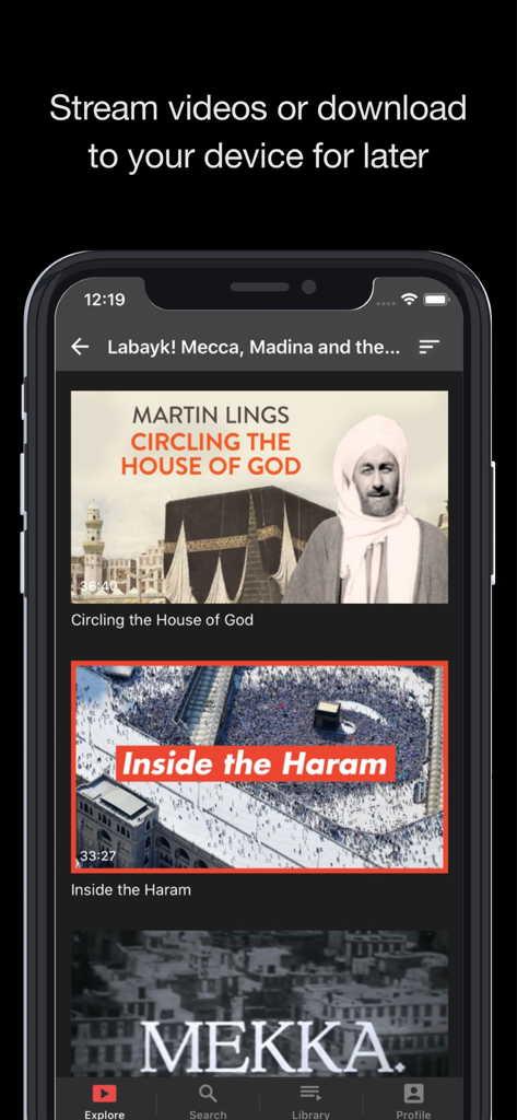 Alchemiya app screen showing a list of Islamic documentaries for streaming and download