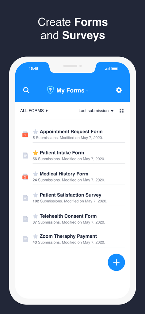 Jotform Health - Medical Forms - Jotform Health app screen showing a list of medical forms like patient intake and medical history