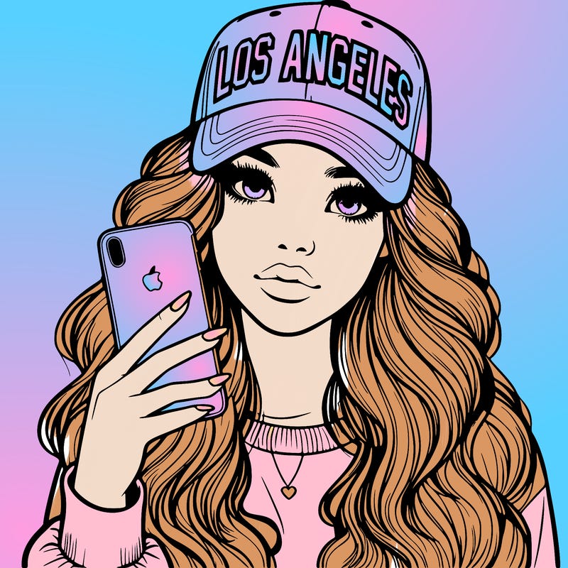 realistic beautiful girl wearing los ángeles cap holding an iphone