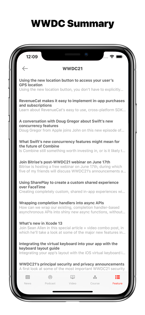 iDev: Developer News - iDev app screen displaying a list of WWDC session summaries for iOS developers.